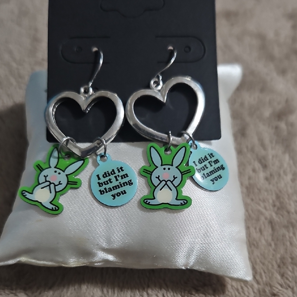 Silver Heart Earrings with Happy Bunny Charms